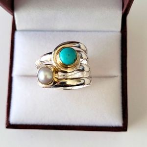 Two-Tone Ring Turquoise and Pearl, Size 8, designed by artist in Lake Tahoe, CA